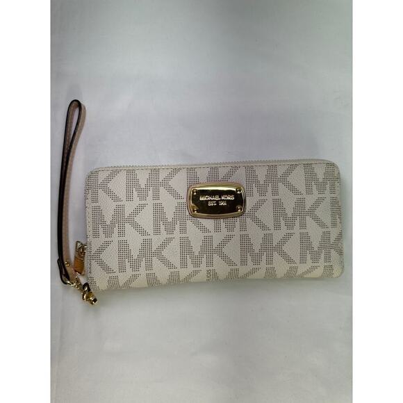 Michael Kors Monogram Zip Around Wallet Beige- Gold Tone - Picture 1 of 7